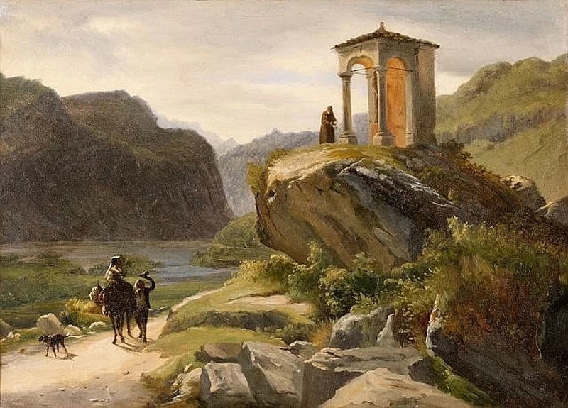 Paesaggio con viandante che saluta un frate francescano